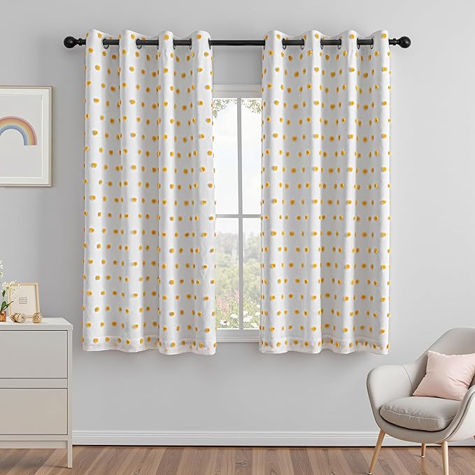 MEETSKY 100% Blackout Curtains for Girls Bedroom 63 Inch Length 2 Panels,Total Light Blocking Yellow White Pom Pom Curtains for Kids Room Darkening Window 2 Layered Drapes, Mustard Yellow, 52W x 63L