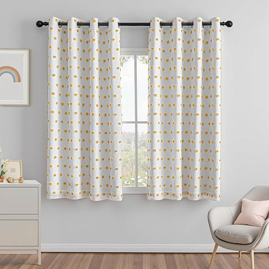 MEETSKY 100% Blackout Curtains for Girls Bedroom 63 Inch Length 2 Panels,Total Light Blocking Yellow White Pom Pom Curtains for Kids Room Darkening Window 2 Layered Drapes, Mustard Yellow, 52W x 63L