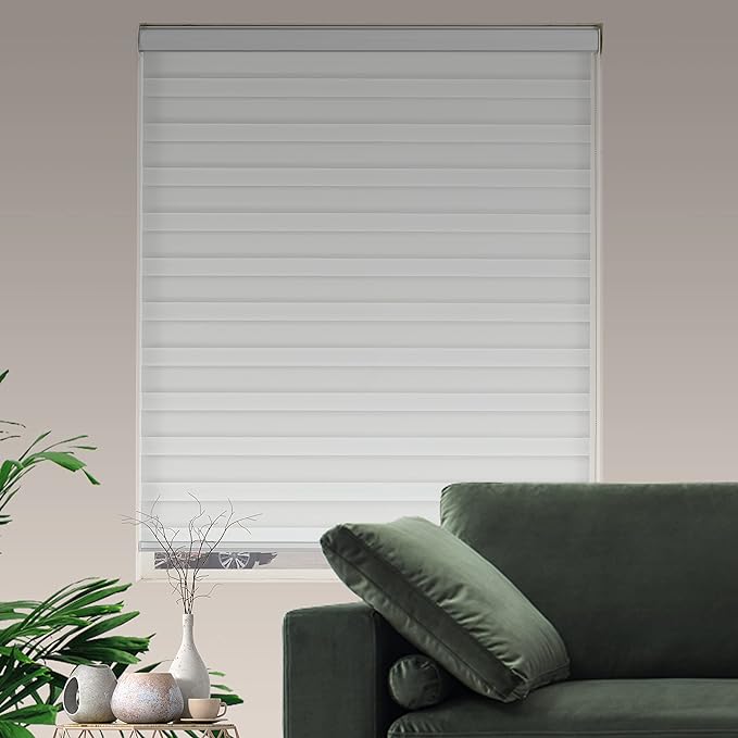 Zebra Roller Shades, Dual Layer Roll Up Blind for Living Room, Semi Sheer Shades Window Privacy Light Control for Day and Night, (Maximum Height 72inch, White Color, Width 28 inch)