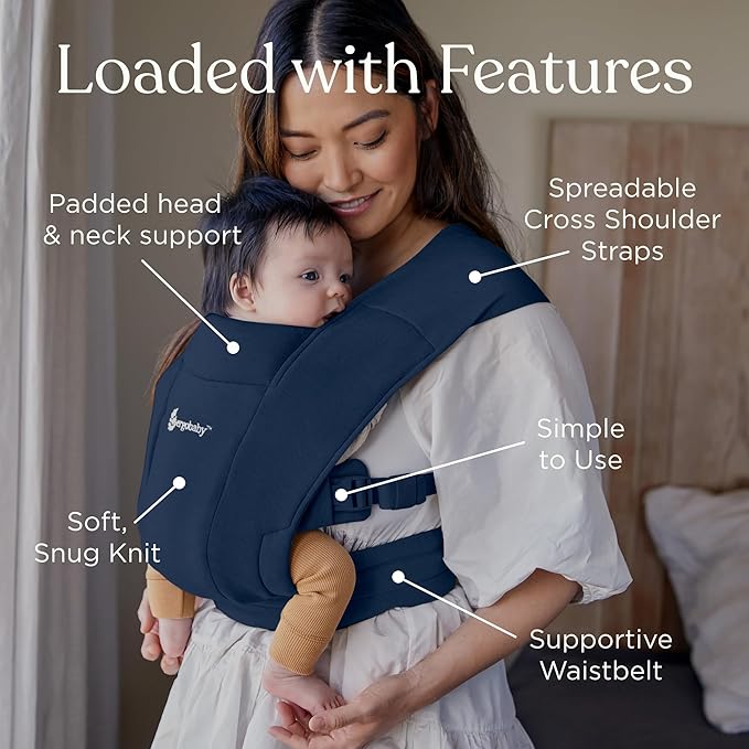 Ergobaby Embrace Baby Carrier Newborn to Toddler - Lightweight Ergonomic Baby Carriers - Cozy Essentials (7-25 Pounds), Ponte Knit, Midnight Blue