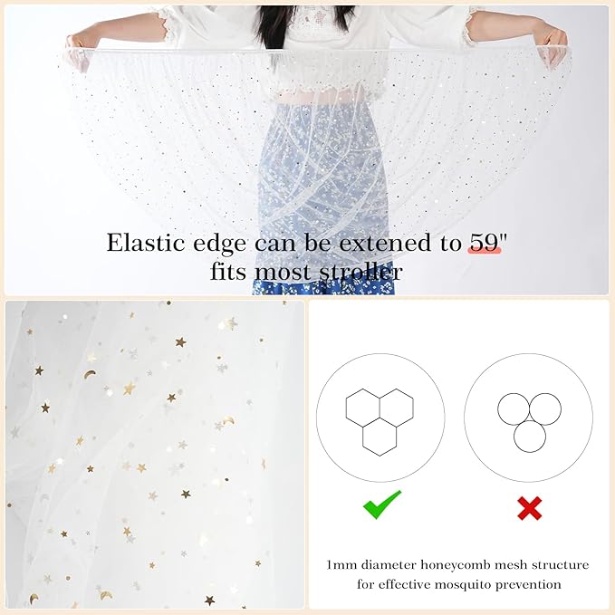 Baby Mosquito Net for Stroller, Perfect Bug Net for Stroller/Bassinets/Cradles/Playards/Pack N Plays and Portable Mini Crib, Durable Baby Insect Netting, White Star