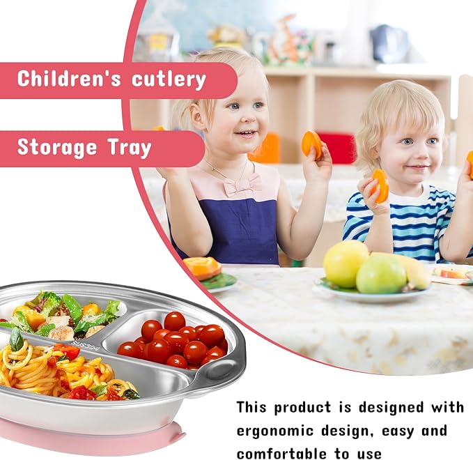 Mrs. Chou Stainless Steel Baby Suction Plates: Divided Plates for Babies and Toddlers, Made of 100% Food-Grade Materials Ideal for Baby-Led Weaning BPA-Free Toddler Feeding Dishwasher Safe PINK