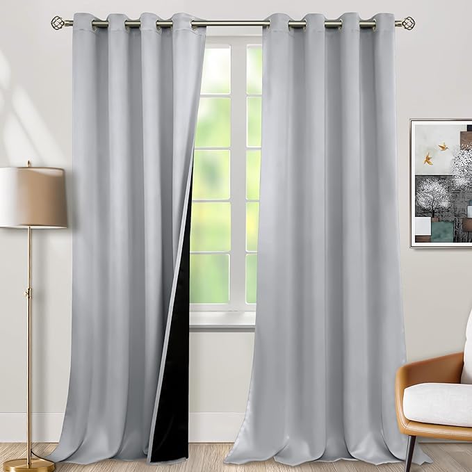 BGment 100% Blackout Curtains 108 Inch Long 2 Panles Set, Thermal Insulated Total Light Locking Soundproof Grommet Curtains & Drapes for Living Room with Black Liner, 52 Inch Wide Each, Light Grey