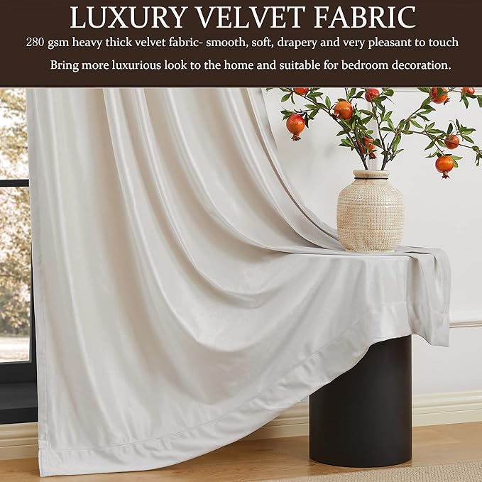 100% Blackout Ivory Off White Velvet Curtains 90 inch Long for Living Room,Set of 2 Panels Liner Rod Pocket Back Tab Thermal Window Drapes Room Darkening Heavy Decorative Curtains for Bedroom