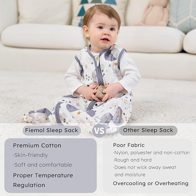FIEMOL Baby Sleep Sack 18-24 months, 100% Cotton Sleeping Sack for Newborn and Infant, 3 Pack Baby Wearable Blanket for Boy and Girl, 0.5 Tog Lightweight Double Zipper Sleep Bag Grey Moon Bear