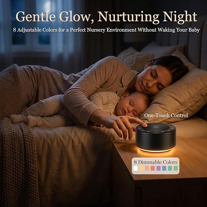 Kipcush White Noise Machine with Night Light – Nursery Sound Machine with Soft Non-Glare Lamp, 30 Soothing Sounds, 8 Color Lights, Up to 8-Hour Timer for Baby & Adults