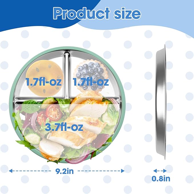 AestuWarm 4 Pack Stainless Steel Baby Suction Plates, 9 Inch Multicolor Divided Toddler Plates with Extra-Large One-Piece Silicone Suction Base | Baby, Toddler, Kids| Dinner & Snack Plates