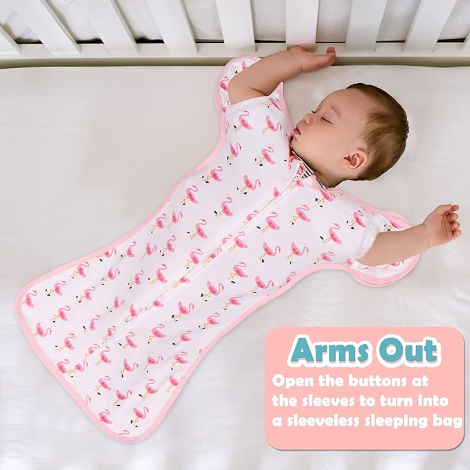 2 Pack Transition Swaddle with 2 Way Zipper, 2 in 1 Arms in/Out Transitional Arms Up Swaddle, 100% Cotton Newborn Swaddles Zipper Swaddles Baby Swaddling Sack Sleep Sack 0-3 Months, Flamingo & Bear