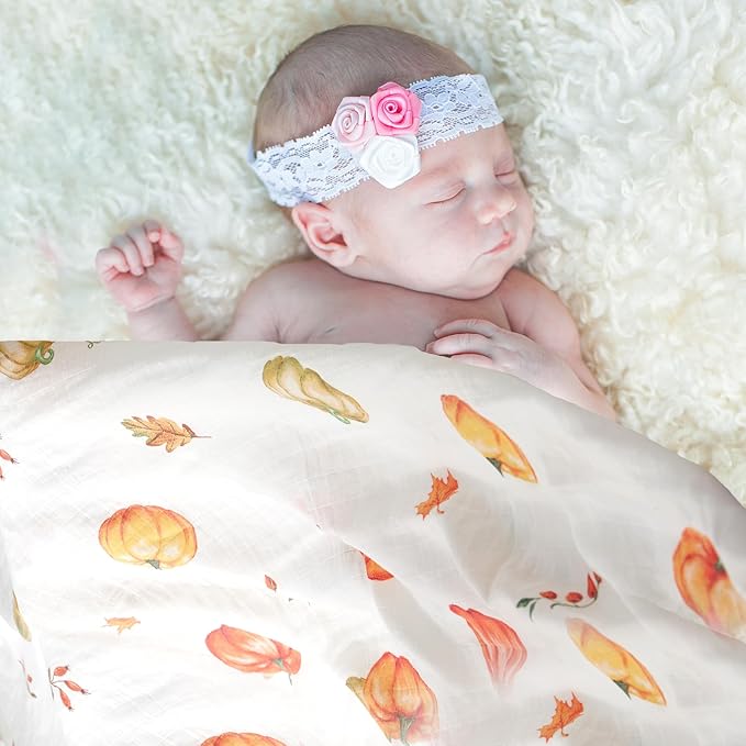 70% Rayon Made from Bamboo 30% Cotton Muslin Swaddle Blanket, 47 x 47 Inches, Pumpkin Print Baby Receiving Blanket, Soft and Breathable, Unisex, 2 Pack