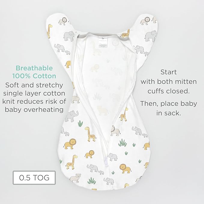 Amazing Baby Transitional Swaddle Sack, Arms Up Half-Length Sleeves & Mitten Cuffs, Swaddle for Newborn Transition to Baby Sleep Sack Wearable Blanket, Medium, 3-6 Month, 14-21 lb, Little Zebra