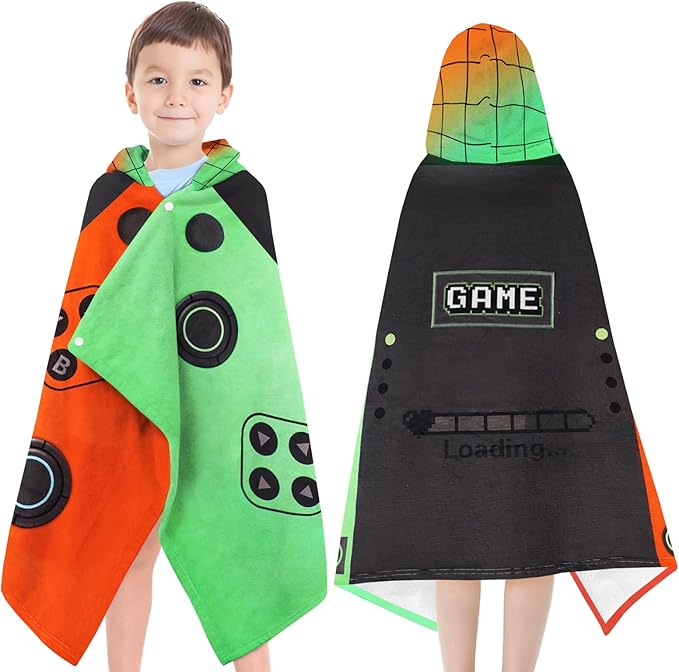 Hooded Towels for Kids- Ultra Soft 100% Cotton Video Game Gamepad Toddler Hood Bath Towels/Pool Terry Towel Beach Poncho Wrap Absorbent Cute Bath & Swim Wrap for Boys & Girls 3-10 Years