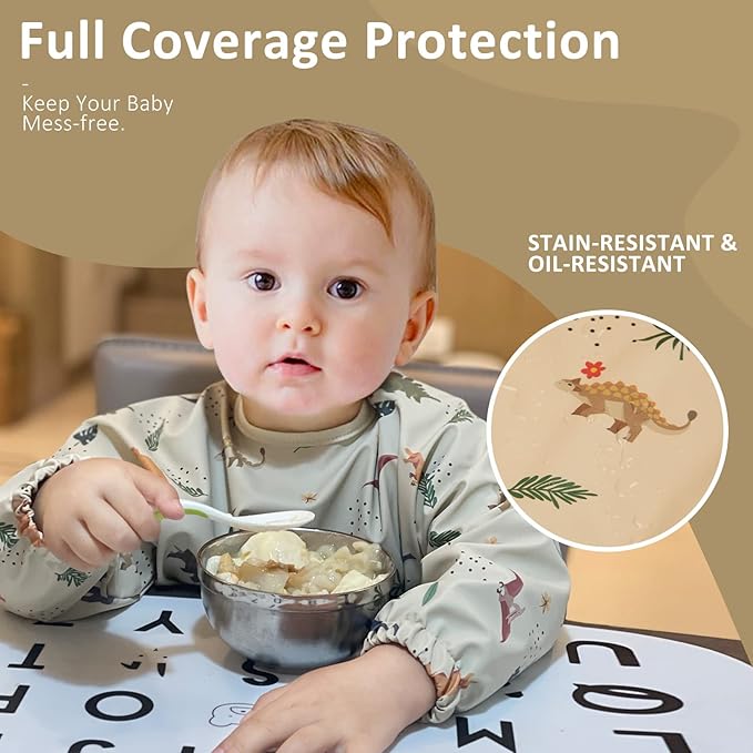 HALAA VAUVA Long Sleeve Baby Bibs for Toddlers, Waterproof, Boys Girls Smock with Food Catcher Pocket for Feeding, Eating