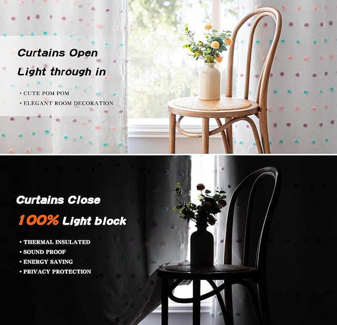 MYSKY HOME White 100% Blackout Curtains for Bedroom 72 Inch Long Light Blocking Drapes for Kids Room Thermal Insulated Room Darkening Curtains with Rainbow Pom Pom Sheer Grommet Set of 2, 52W x 72L