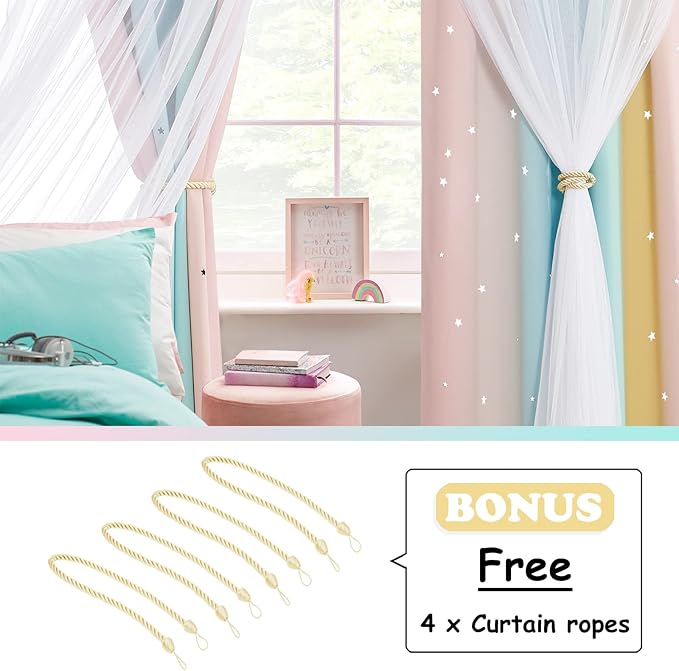 NICETOWN Kids Room Decor Curtains for Girls Nursery, Star Cut Princess Room Design Curtains with Versatile Styling Options for Backdrops (Pink & Yellow & Green & Pink, Each is W52 x L84, Sold by 2)