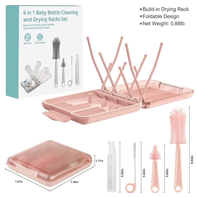 YomauiYee Baby Bottle Brush Set-6 in 1 Bottle Brush Cleaner with Silicone Bottle Brush,Drying Rack,Nipple Brush,Straw Brush,Soap Dispenser&Storage Box-Baby Essentials Gifts for Home&Travel(Pink)