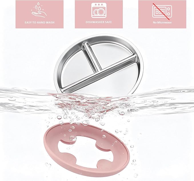 Bakpoco Stainless Steel Baby Plate with Suction, 9” Divided Toddler Plates with Removable Silicone Sleeves for Kids, Non-Toxic Non-Slip Unbreakable Dishwasher Safe Dinnerware Set of 2, Pink & Lilac