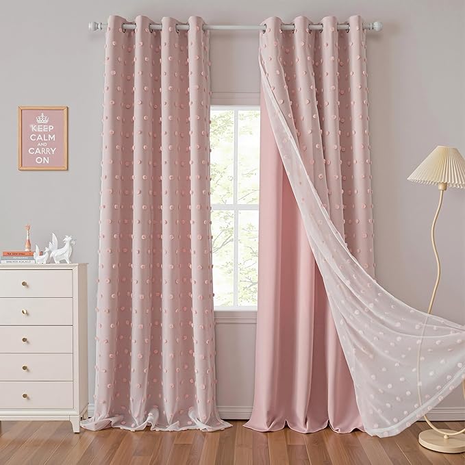 MYSKY HOME Long Curtains for Sliding Glass Door 95 Inch Long Pink Pom Pom Sheer and Blackout Curtain for Living Room Double Layer Room Darkening Window Panels for Girls Kids, Pink, 52" Wide, Set of 2