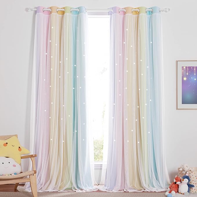 NICETOWN Rainbow Curtains for Baby, Kids Room Decor for Girls, Starry Drapes Overlapped with Tulle, Romantic Princess Decor for Girls (1 Pair = 104 inches Wide, Rainbow-3, 4 Tiebacks Included)