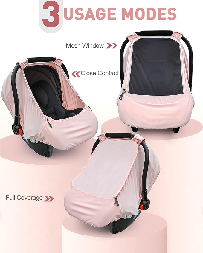 Baby Car Seat Cover,Sunproof Car Seat Canopy for Babies, Extra Large Mesh Window Baby Car Seat Sun Shade Cover, Infant Carseat Covers for Summer/Autumn Use(Pink)