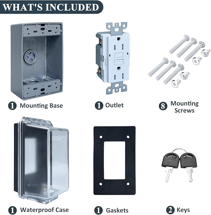 Universal Weatherproof Electrical Outlet Cover Kit with Lock,Outlet Waterproof Cover Box with 15 Amp TR Self Test GFCI Kit, Baby Proof Outlet Lock Box for Outdoor in-Use, 1-Gang