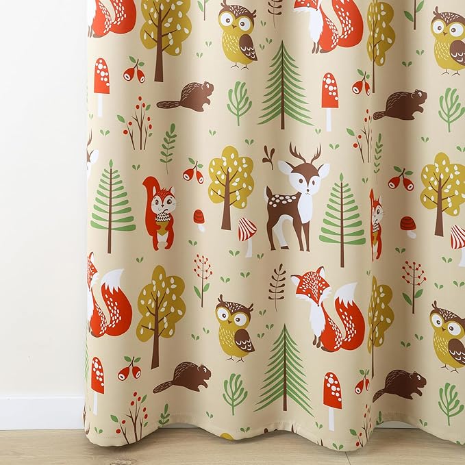 L.Z.E Cream Kids Curtains for Bedroom Nursery, 85% Room Darkening Blackout Thermal Insulated Drapes for Boys Girls Room, Beige Forest Animal Print Design Grommet Top 2 Panels Set, 52 x 84 Inch