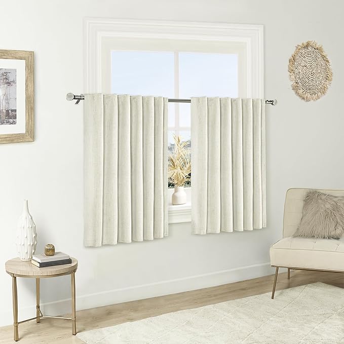 100% Blackout Kitchen Curtains - Back Tab/Rod Pocket Linen Curtain Thermal Insulated Textured Room Darkening for Small Window 2 Panels Set 52Wx45L Natural