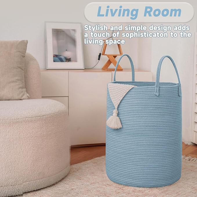 Large Woven Laundry Basket Hamper,100L Cotton Rope Storage Bin for Blankets,Toys and Clothes,Decorative Tall Nursery Hamper for Living Room,Baby Nursery,Bathroom and Bedroom,Blue