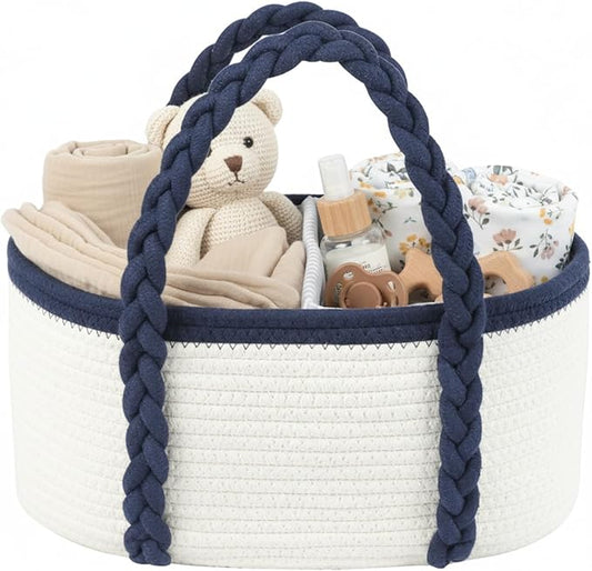 Baby Diaper Caddy, Portable Diaper Organizer for Changing Table, Car Travel Baby Shower Gifts Newborn Essentials, Cotton Rope Nursery Storage Basket for Boys (White＆Navy Blue)