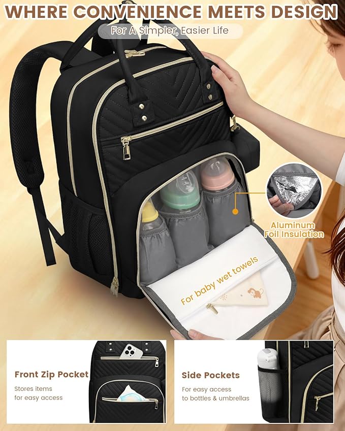 Diaper Bag Backpack,Baby Essentials Diapers Bag with Pacifier Case,Multipurpose Stylish Large Capacity Travel Backpack for Baby Girl/Boy(L-Black)