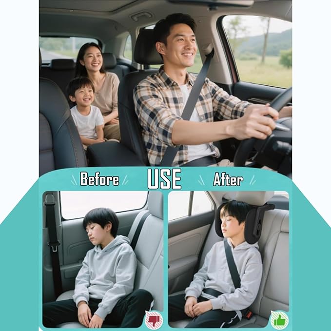 Car Headrest Pillow, 2025 Upgrade 360° Rotating Travel Headrest, 3-Point Linkage Adjustable, Thickened Breathable Memory Foam Headrest, Travel Car Sleeping Pillow for Kids, Adults (Coffee)