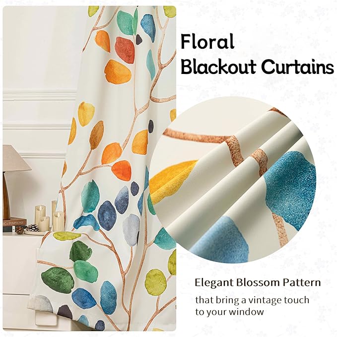Boho Colorful Leaf Floral Blackout Curtains, Watercolor Bohemian Flower Print Window Drapes, Living Room Bedroom Decor 2 Panels 52x96 Inch