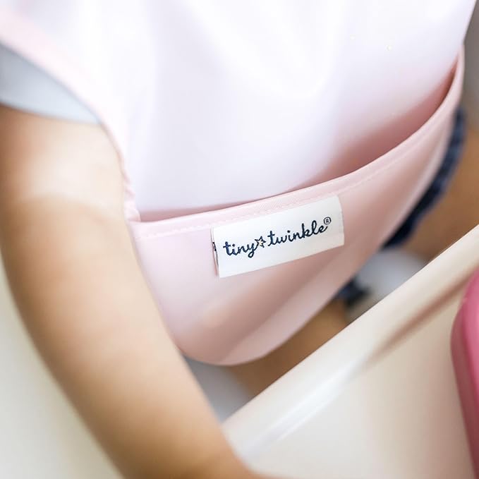 Tiny Twinkle Mess-Proof Baby Bibs for Eating | Waterproof, Wipeable Toddler Bibs with Catch-All Pocket | Feeding Bibs for Girls & Boys(3 Pack,Taupe, Rose)