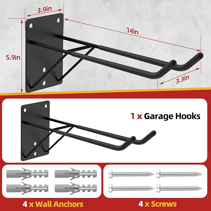14'' Large Garage Hooks with 3 Support Rods, Heavy Duty Steel Garage Storage Wall Hooks for Garden Tool Organizer, Shed Organizer, Ladder Hooks, Car Tires, Chairs 1 Pack