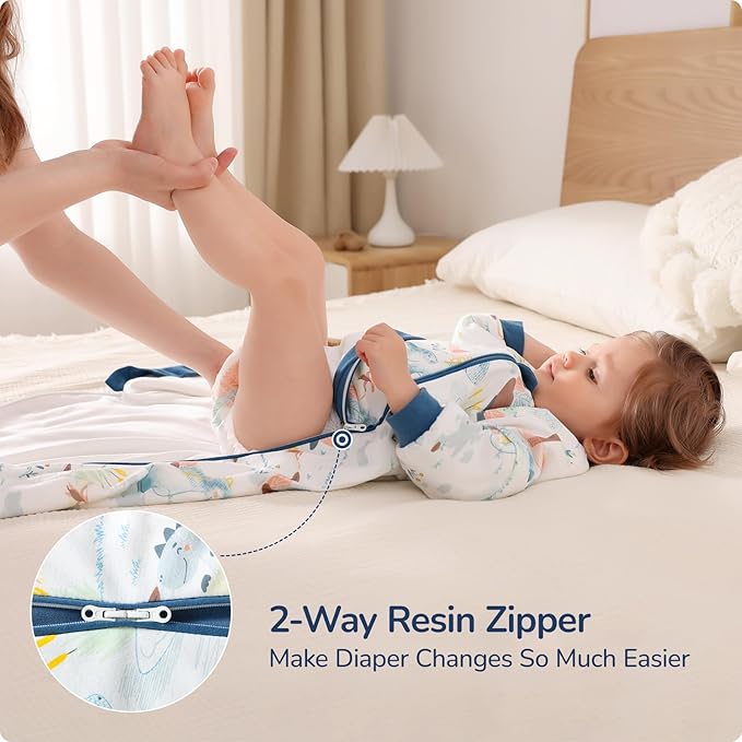 Baby Sleep Sack 6–12 Months, Cotton Sleep Sack with Detachable Long Sleeves, 1.0 TOG Wearable Blanket for Cooler Nights, 2-Way Zipper Toddler Sleeping Sack with Temperature Strip, Dinosaur