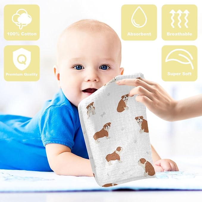 vvfelixl Baby Cotton Washcloths English Bulldog Infants Bath Towel for Unisex Puppy Face Towels for Newborn, Natural Baby Wipes Delicate Skin, 11.8 X 11.8 inch, one sizex3