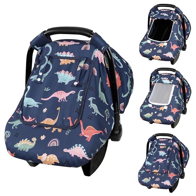 Car Seat Cover Baby, Anti-Kick Carseat Covers Baby Boy, Warm Minky Infant Car Seat Canopy with Breathable Mesh Window, Multi-Use Cover Protecting Baby from Wind, Sun, Strangers, Blue Dinosaur