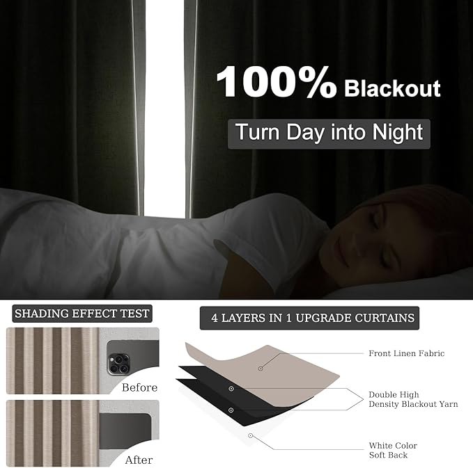 Topfinel 92 Inches Long Taupe Farmhouse Tweed Custom Black Out Drapery Panels, Rustic Country Faux Textured Opaque Pleated Window Coverings, Kids Cream Boho Heat Blocking Tab Top Curtains