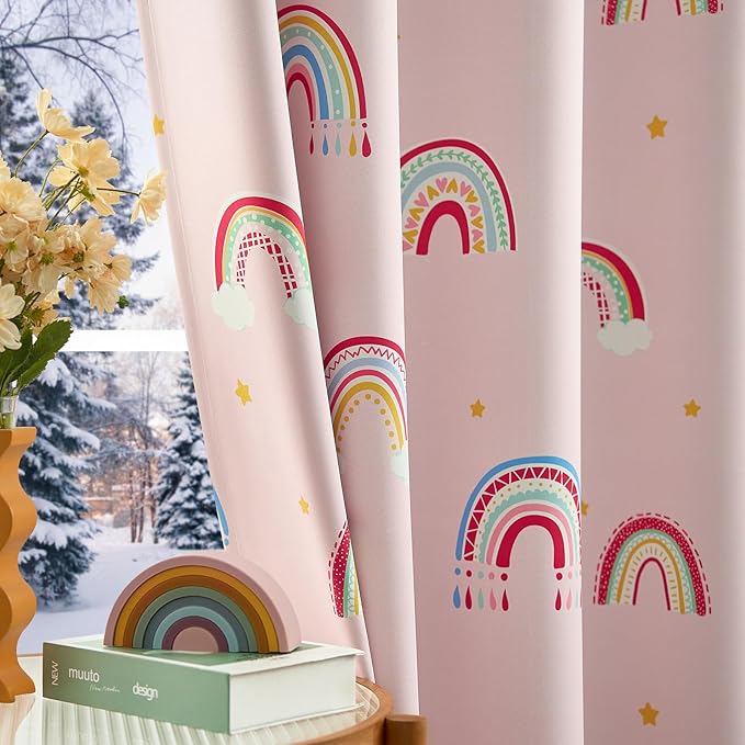 jinchan Nursery Blackout Curtains for Kids Room Rainbow Pink Curtains Cute Girls Bedroom Dorm Playroom Window Treatment Grommet Thermal Insulated Room Darkening 2 Panels 63 Inch Length