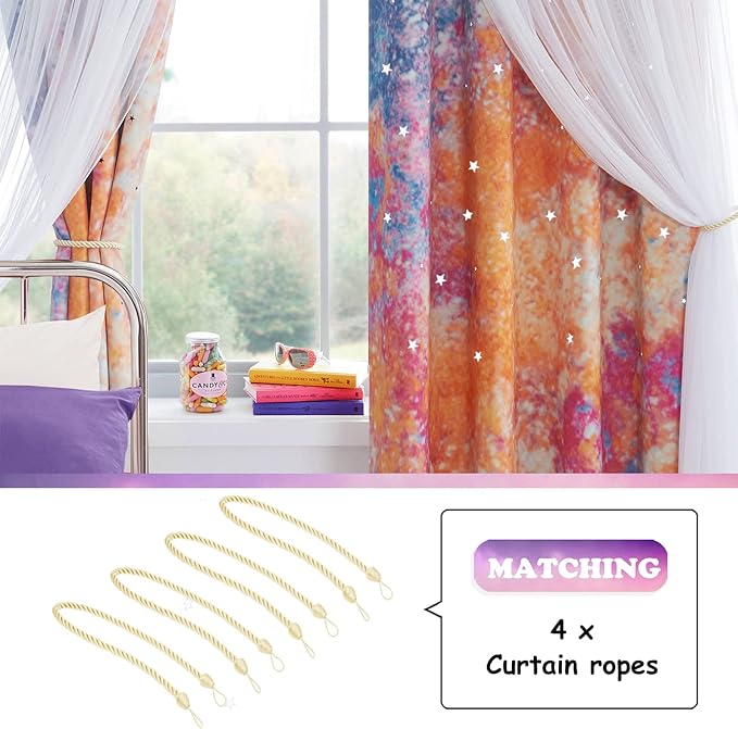 NICETOWN Rainbow Curtains - Double Layer Curtains 63 Inches Long with Sheer Grommet Nursery Blackout Star Hollow-Out Window Panels for Living Room, 52" W, 1 Pair, Yellow & Pink