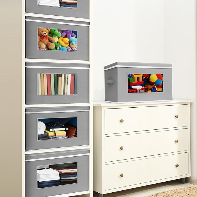 10 Pcs Fabric Storage Bins with Lid 17x12 Inch Stuffed Animal Storage Boxes with Window Handle Collapsible Cube Organizer Basket for Shelves Closet Bedroom Office Clothes Books (Dark Gray)