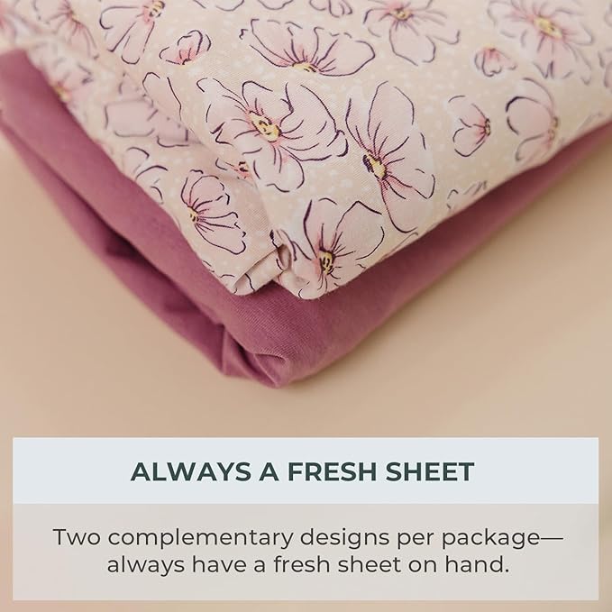 Pobibaby – 2 Pack Pack N Play Sheets and Mini Crib Sheets Fitted, Premium Ultra-Soft Jersey Knit Baby Sheets – Stylish Floral Pattern, Safe and Snug for Standard Playards and Mini Cribs (Blossom)