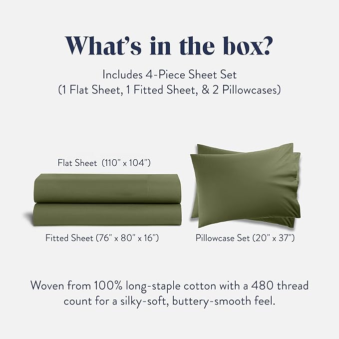 Brooklinen Luxury Sateen 4 Piece Sheet Set - 100% Cotton Bed Sheets, Soft & Durable King Size Sheet Set in Fresh Moss, Oeko-TEX Certified Bedding Set, 1 Fitted Sheet, 1 Flat Sheet, 2 Pillowcases