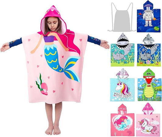 Hooded Kids Beach Towels - Toddler Bath Towel Girls Boys Swim Cover-ups for Ages 4 to 10 Kids Pool Towels Quick Dry Lightweight Soft Microfiber Poncho 30x30(Pink Mermaid)