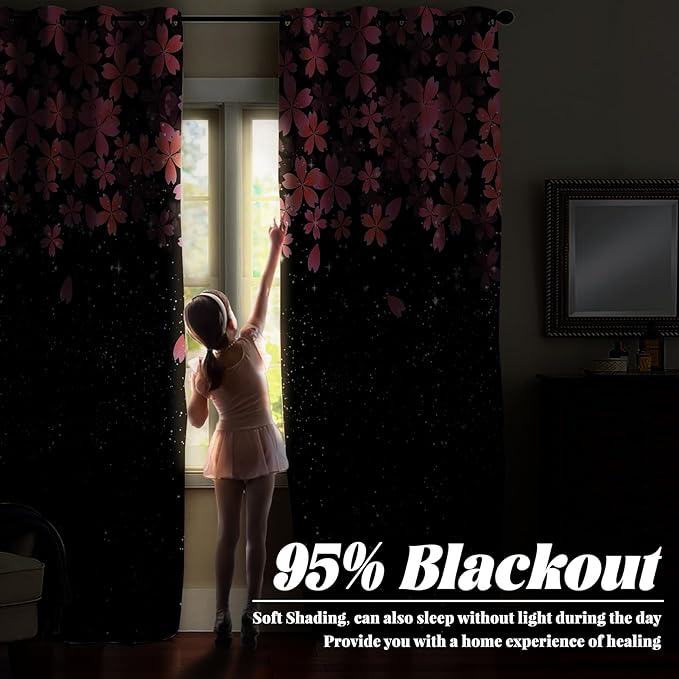 Renaiss Pink Cherry Patels Blackout Curtains, Japanese Cherry Flowers Thermal Insulated Bedroom Window Curtains, Black Floral Bossom Window Drapes for Living Room, 84" L x 53" W 2 Panel Set