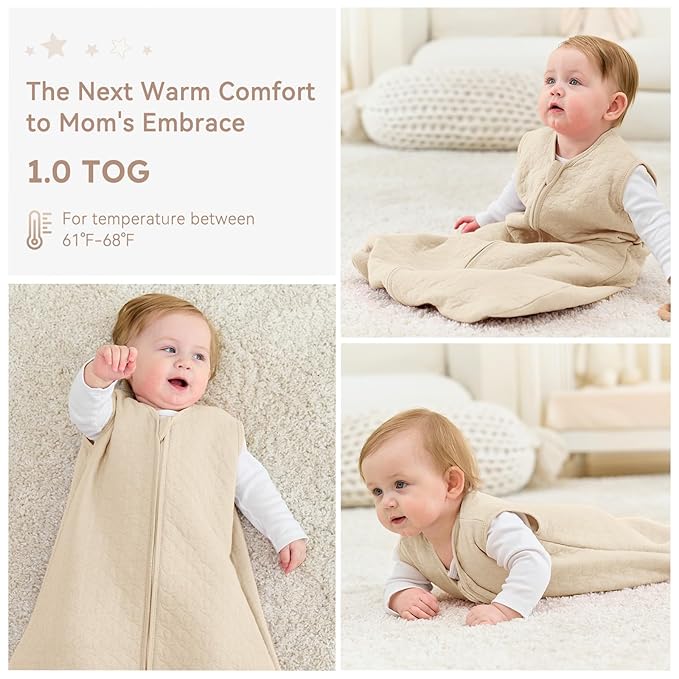 Unnivoll Baby Sleep Sack 0-6 Months 1.0 Tog Baby Wearable Blanket Cotton Sleeping Sack Quilted Baby Sleep Bag with 2-Way Zipper for Infant Newborn Yellow