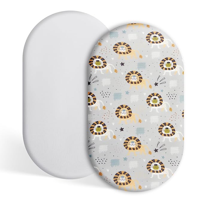 TILLYOU Baby Bassinet Sheets for Girls Boys 2 Pack Baby Sheets for Square Rectangle Oval Bassinet Mattress 33X16 Inch, Lion's Paradise and Grey