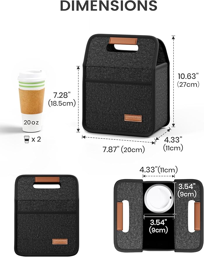 Fluxynara 2-Cup Reusable Felt Drink Carrier with Handle and Adjustable Shoulder Strap, Drink Holder for Car, Multi-Cup Drink Carrier Bag for Delivery, Travel, Picnics (Charcoal Gray)