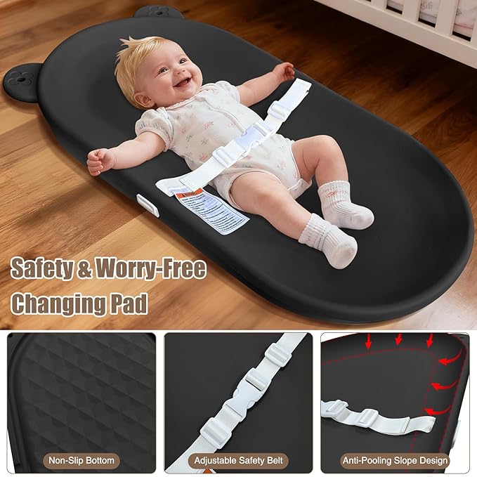 FLEUFAB Changing Pad, Wipeable Diaper Changing Pad with Safety Belt for Changing Table, Nursery, Dresser, EVA Non-Slip Baby Changing Table Pad, Black