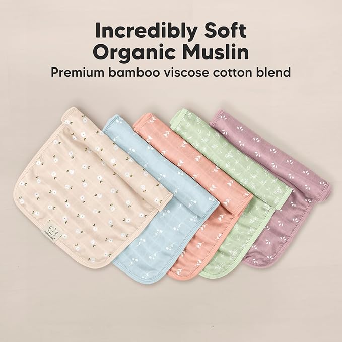 KeaBabies Cotton Muslin Burp Cloths Baby Boy, Girl - 5-Pack Soft & Absorbent Burping Cloth for Babies, Large Baby Towels & Washcloths for Newborn, Spit Up Rags, No Shrink, 20x10 (Bloom)