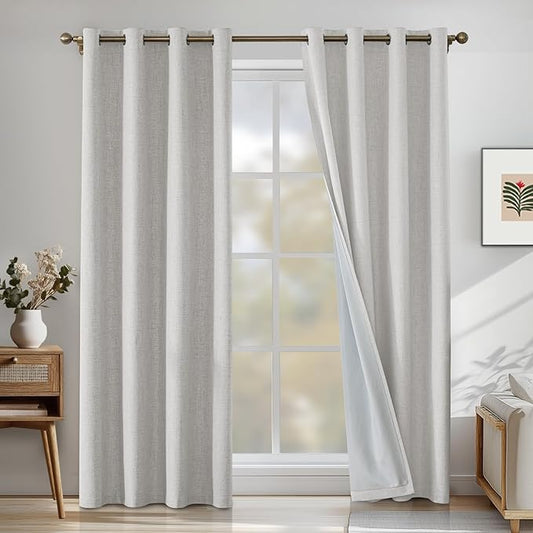 Linen 100% Blackout Curtains for Bedroom, Black Out Curtains 54 Inch Long, Room Darkening Curtains for Living Room, Long Curtain Grommets Drapes, Thermal Curtains(2 Panels, Off-White)